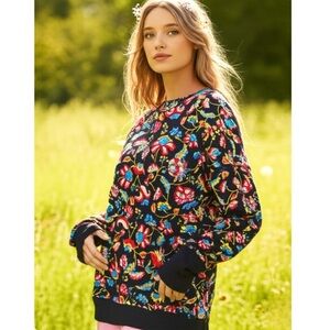 MASSEYS Women’s Whimsical Garden Hoodie Black Floral Knit Sweater Size Large